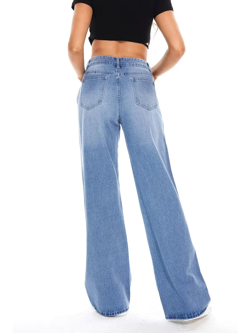 Women's Blue Washed Wide Leg Baggy Boyfriend Jeans